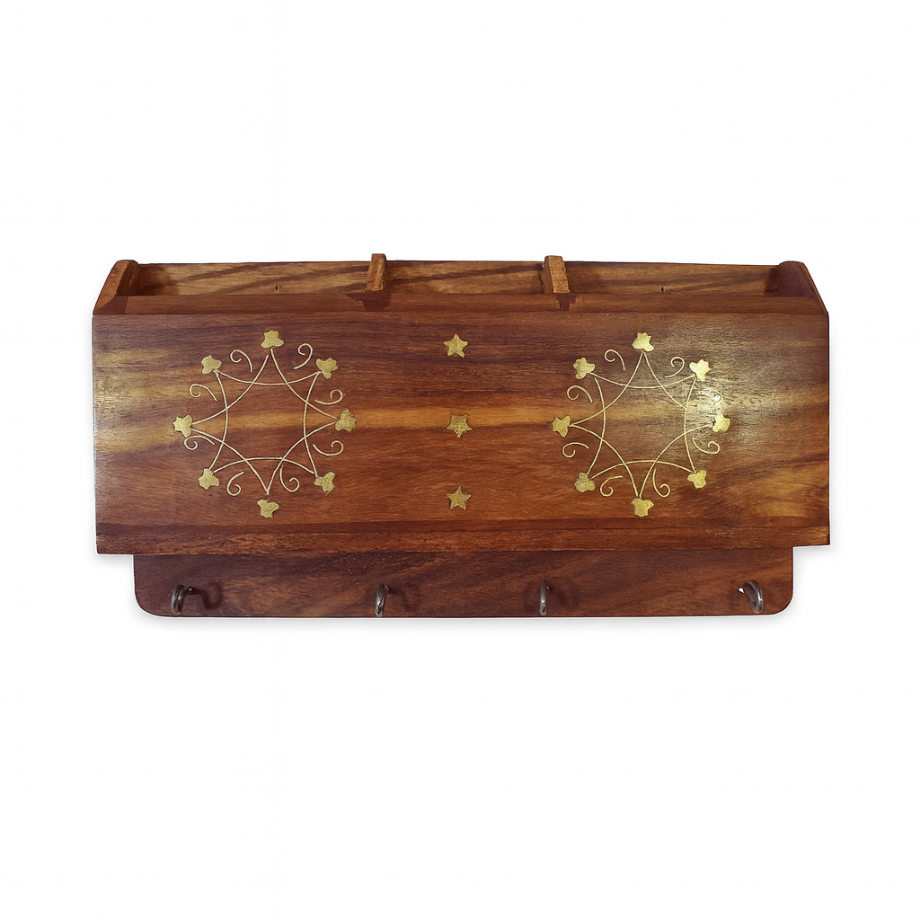 WOODEN MOBILE CHARGING HOLDER WITH KEY HANGER (BRASS WORK)