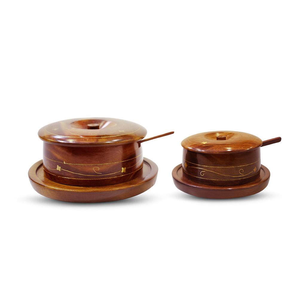 WOODEN SUGAR POT (BRASS WORK)